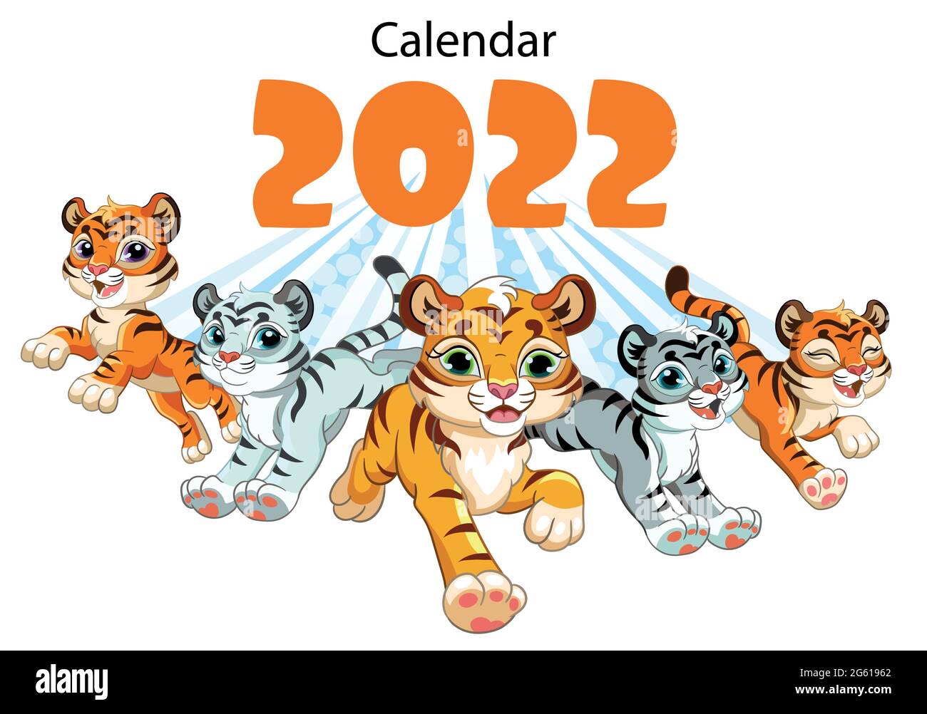 Horizontal desktop childrens calendar cover design for 2022, the year of the Tiger in the Chinese calendar. Cute running tiger characters. Vector illu Stock Vector