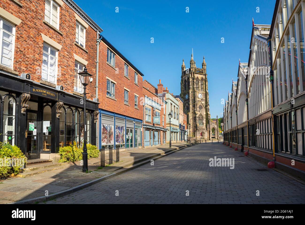 St Mary's church, Victorian market hall and Staircase House museum in Stockport, Greater Manchester, England. Stock Photo