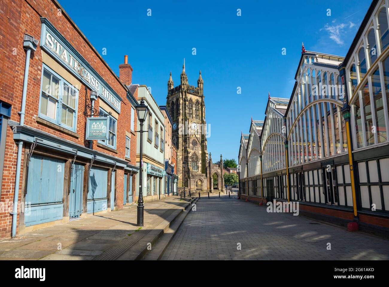 St Mary's church, Victorian market hall and Staircase House museum in Stockport, Greater Manchester, England. Stock Photo