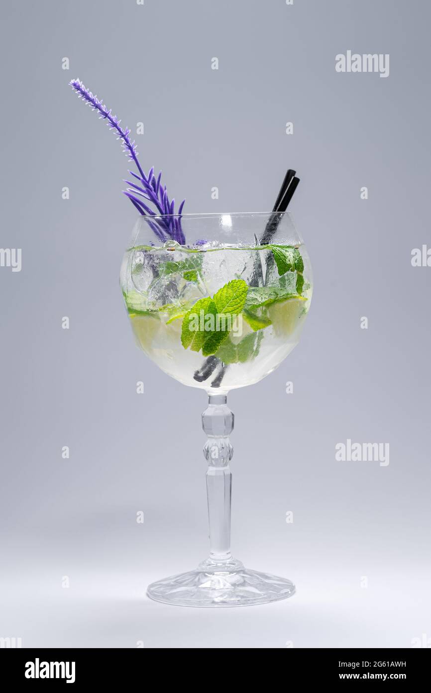 cocktail hugo or mojito with mint, lime and ice in wineglass on white background Stock Photo
