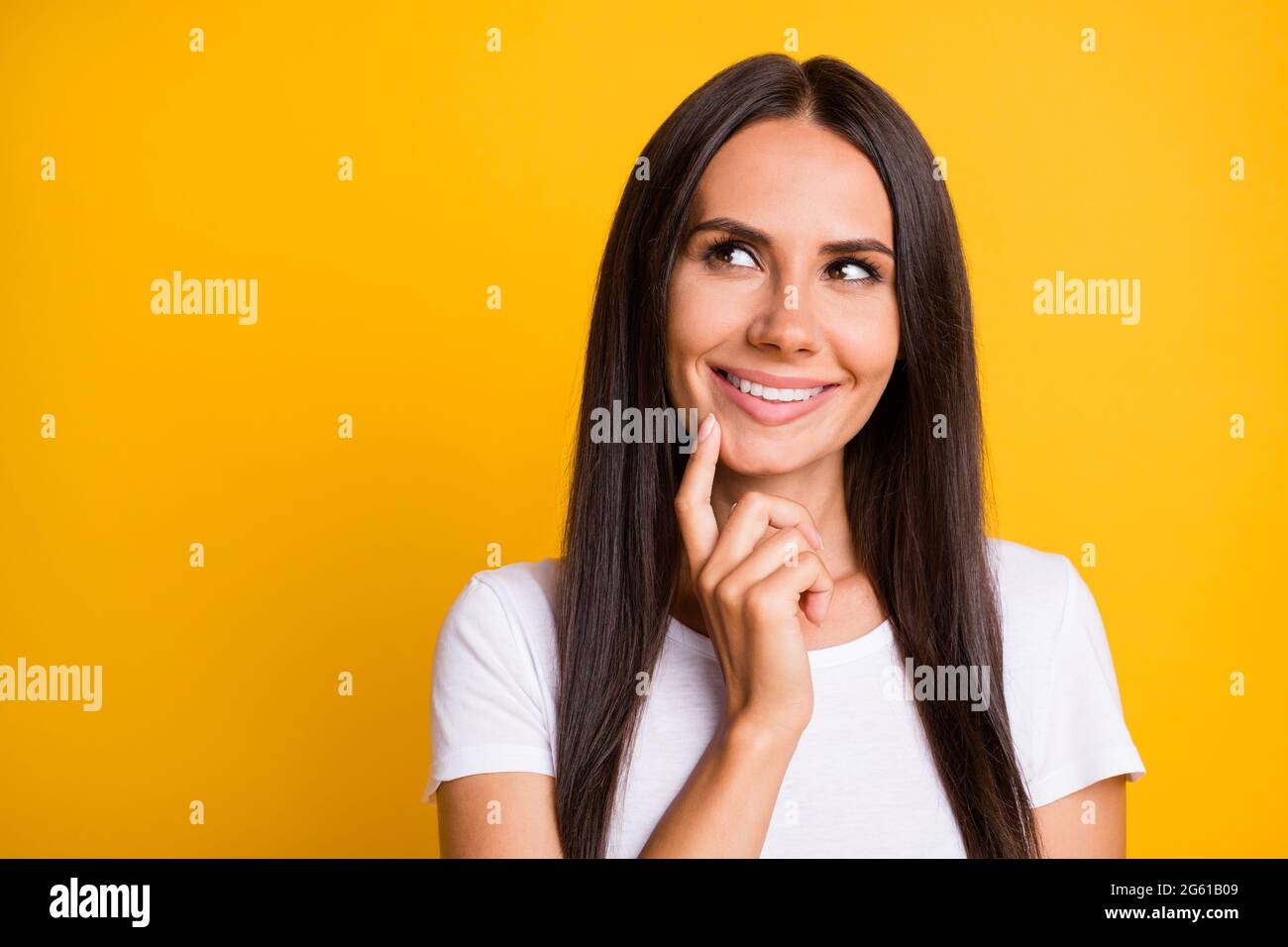 Photo Of Young Woman Happy Positive Smile Dream Dreamy Think Look Empty ...