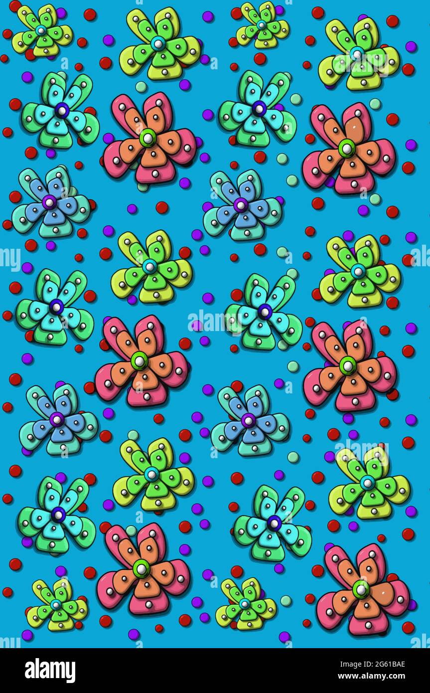 3D abstract flowers fill page with cool colors.  Petals are irregular in shape and covered in polka dots.  Aqua background also has colorful polka dot Stock Photo