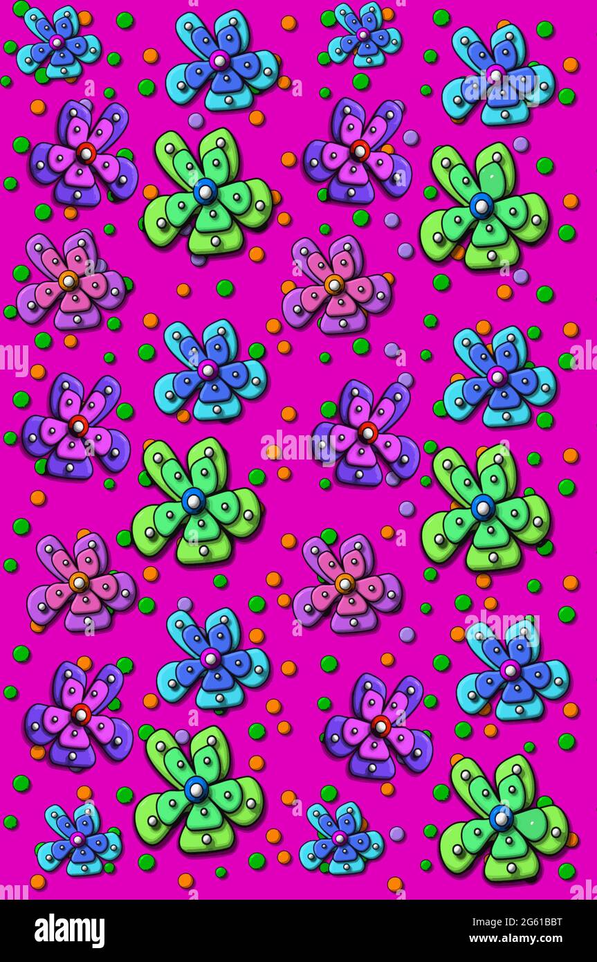3D abstract flowers fill page with cool colors.  Petals are irregular in shape and covered in polka dots.  Hot Pink background also has colorful polka Stock Photo
