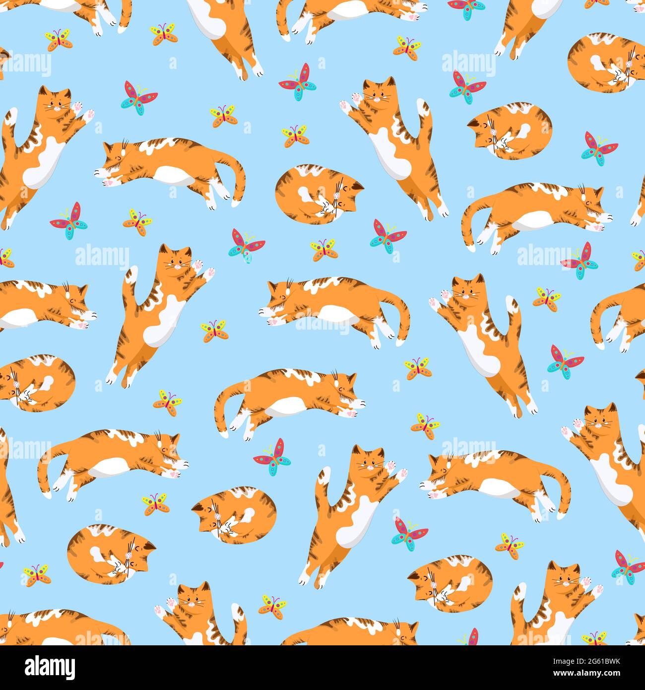 Cats and butterflies seamless pattern in flat style, vector background with animals, cat in different poses pattern Stock Vector