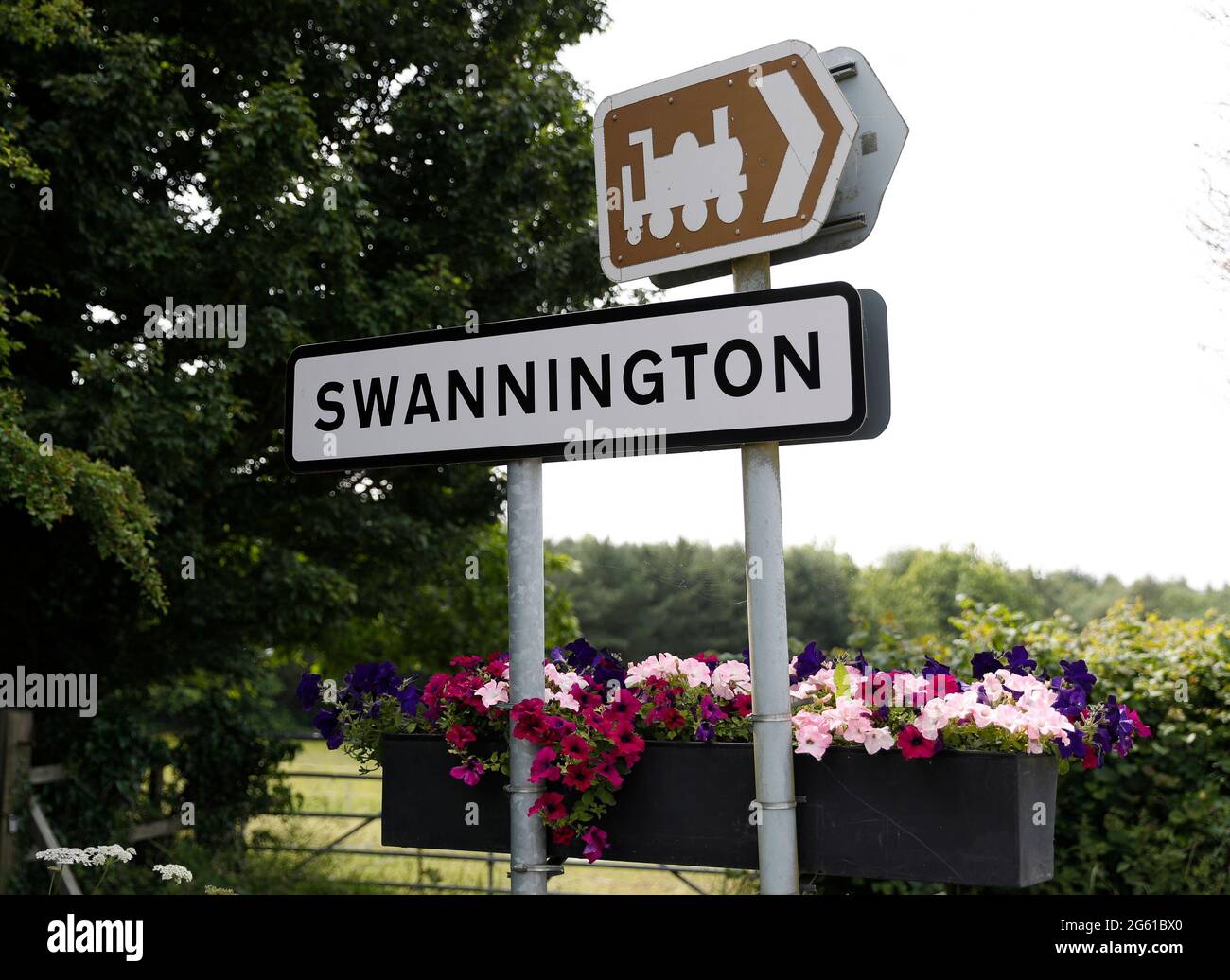 Swannington, Leicestershire, UK. 1st July 2021. A Tourist information signs points the way to the Swannington Incline. Swannington is a former mining Stock Photo