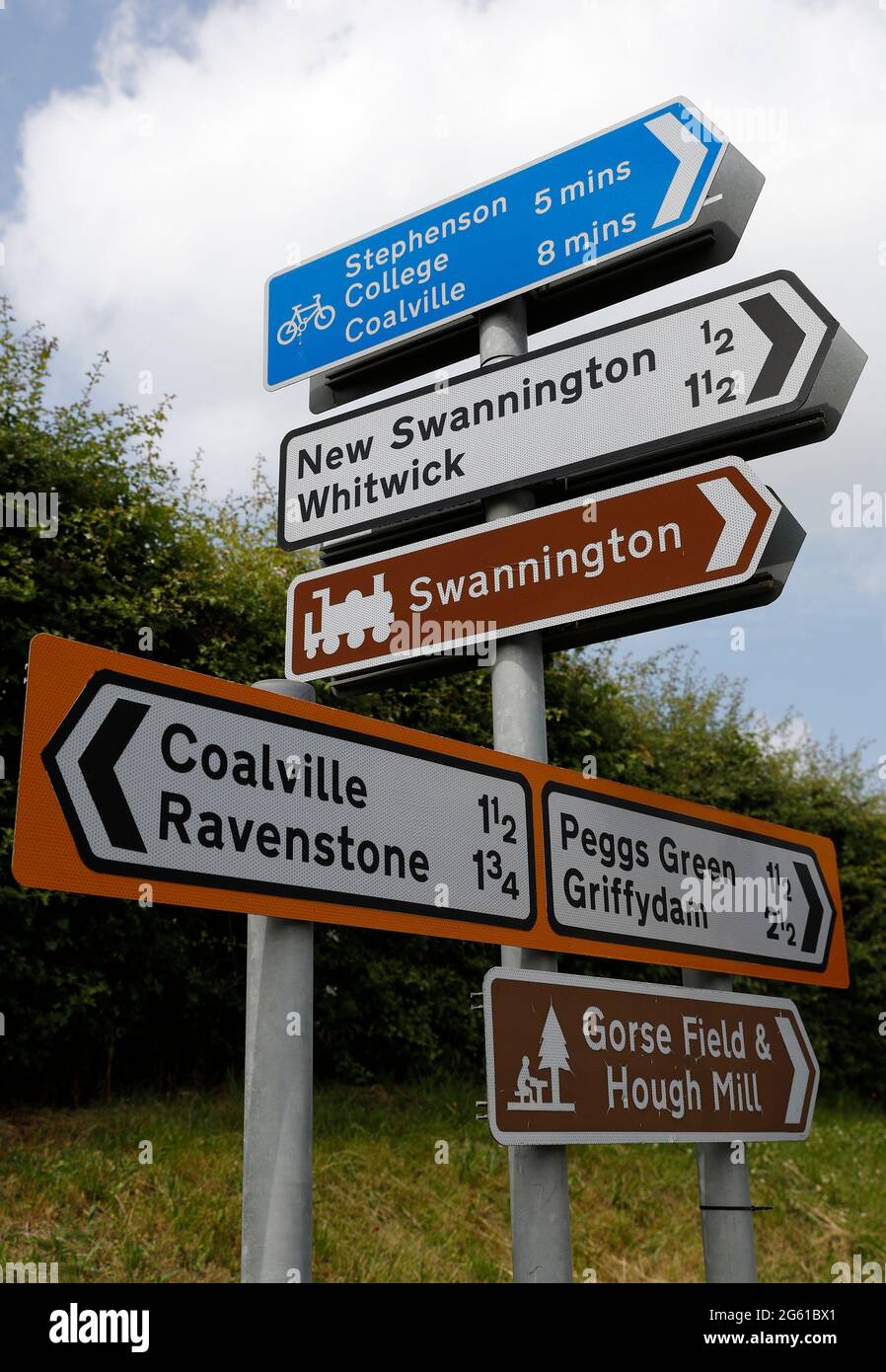 Swannington, Leicestershire, UK. 1st July 2021. Tourist information signs point the way to the Hough Mill and the Swannington Incline. Swannington is Stock Photo
