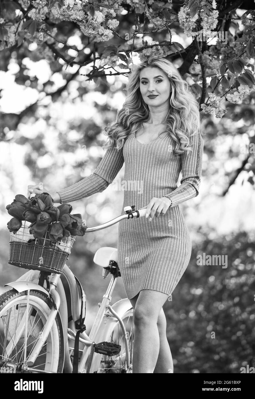 Travel by bike. Weekend concept. Spring holidays. Riding bicycle. Excursion  to garden. Girl and sakura blossom. Cycling Tours. Cherry tree blooming  Stock Photo - Alamy