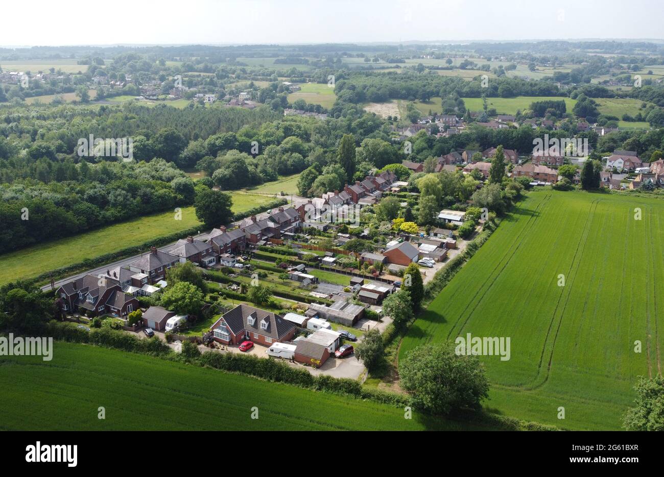 Swannington, Leicestershire, UK. 1st July 2021. An aerial view Swannington village. Swannington is a former mining village situated between Coalville Stock Photo