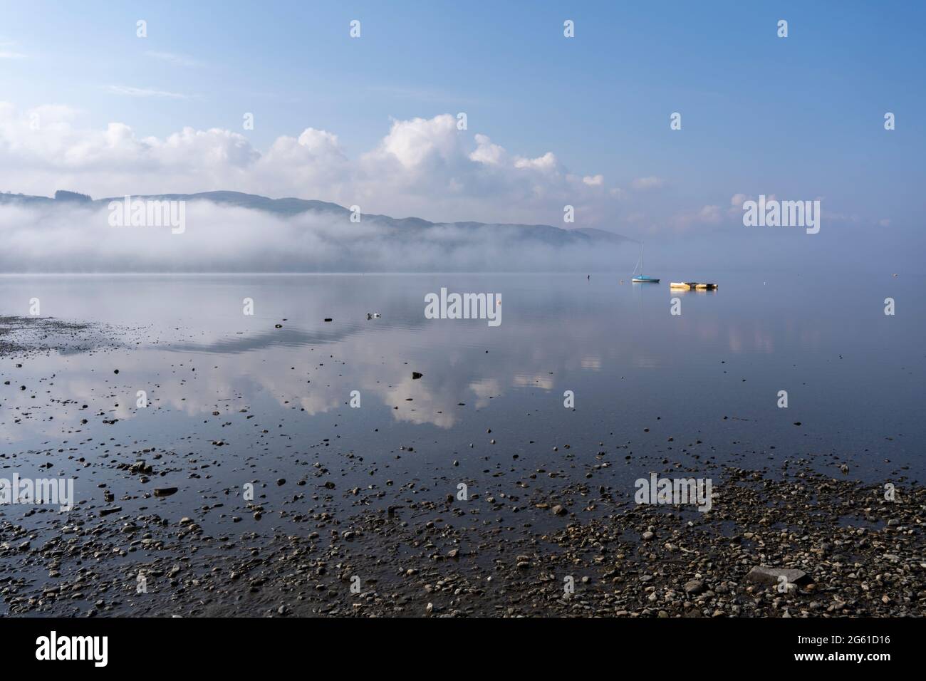 Early Morning Mist on Llyn Tegid or Bala Lake in Gwynedd, Wales. Stock Photo