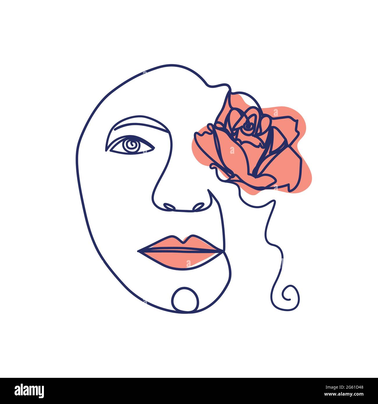 Beauty face with flowers line drawing art. Abstract minimal portrait continuous line. Woman with flower Stock Vector