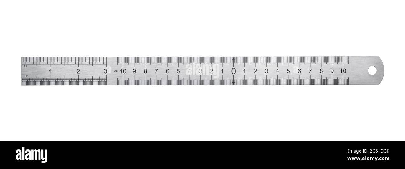Front view of stainless steel center finding ruler isolated on white Stock Photo