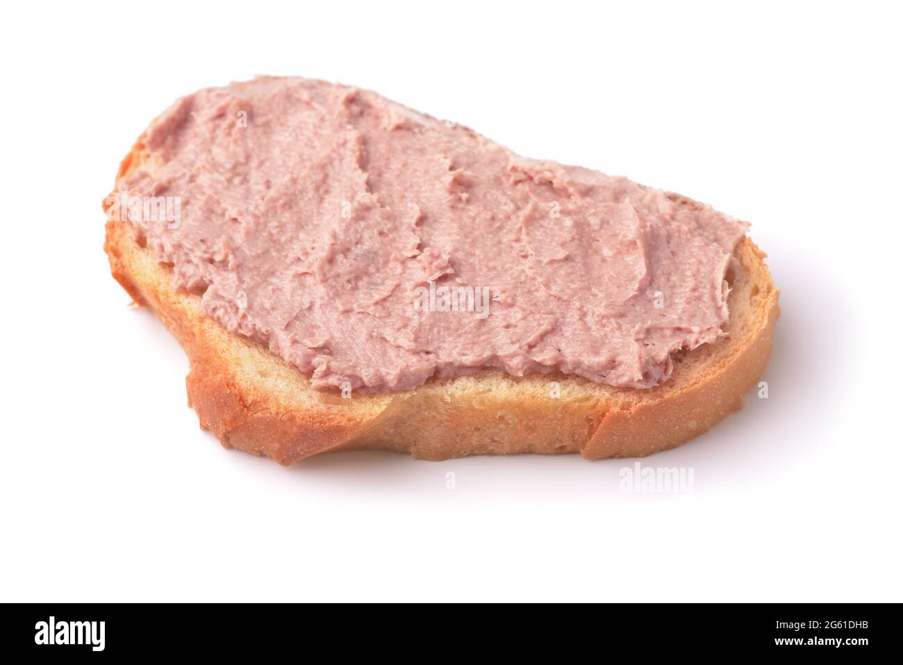 Slice of wheat bread with liver pate isolated on white Stock Photo