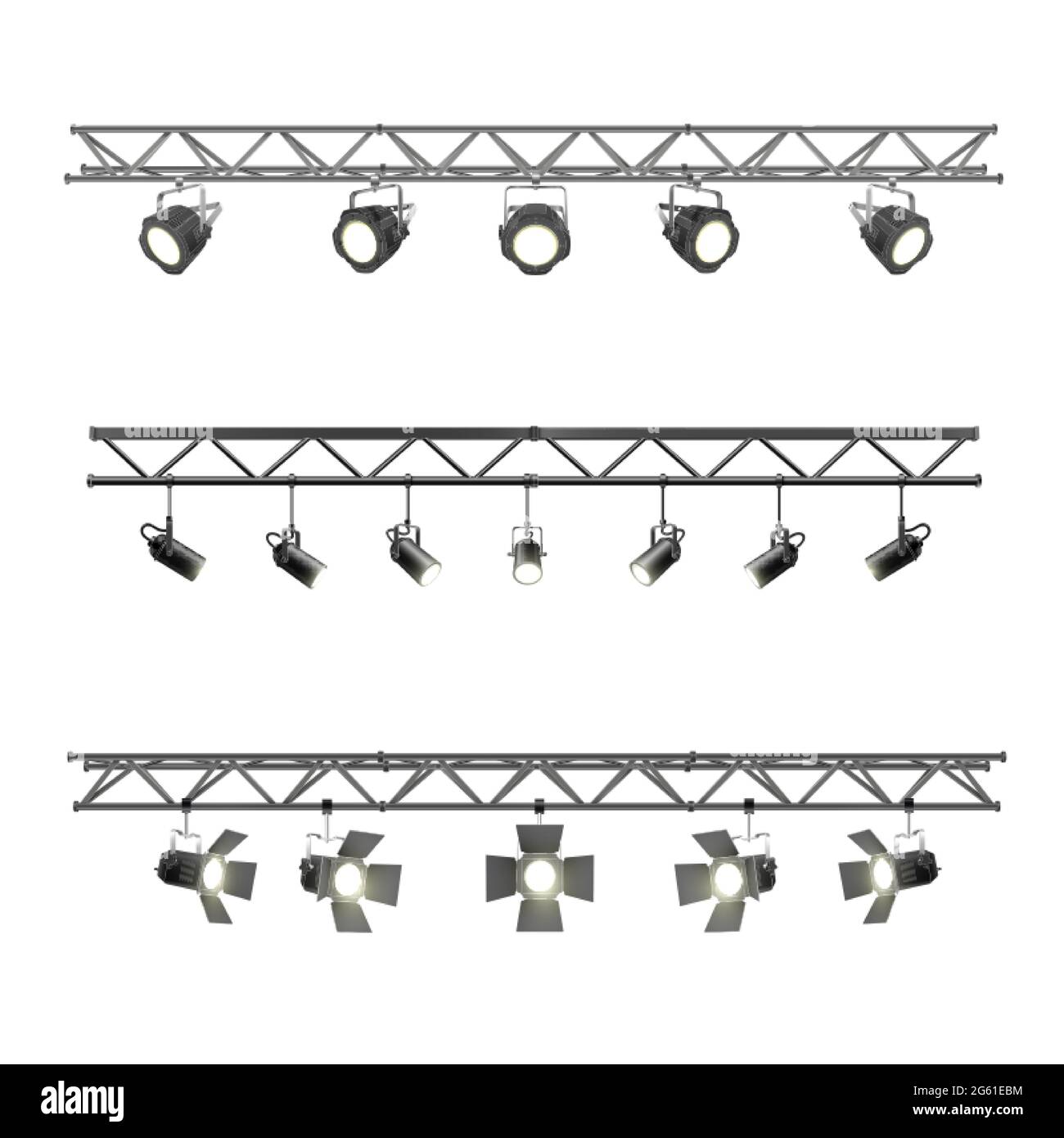 Realistic Lighting metal beam with spotlights equipment for studio and exhibition pavilion stage lightin Stock Vector