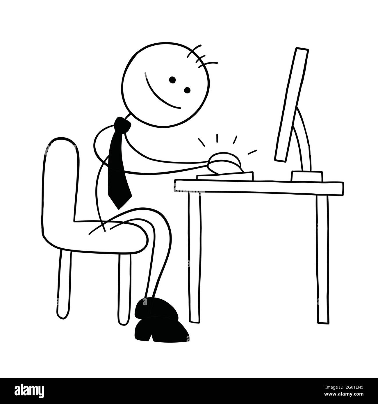 Stickman Businessman Character Working At The Computer And Happy 