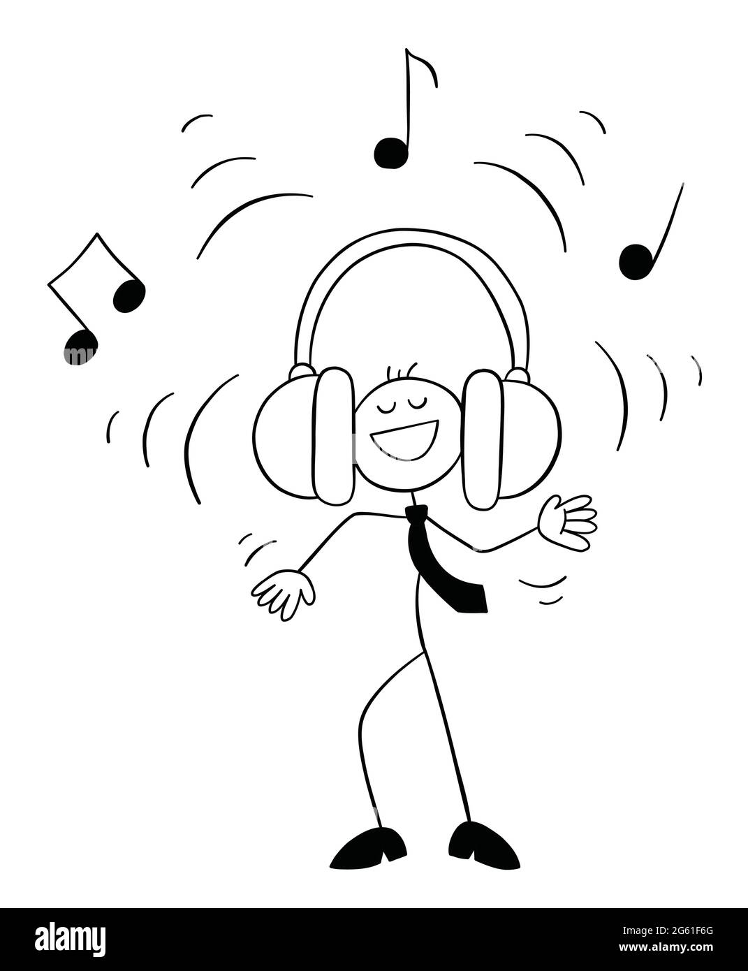 Stickman businessman character listening to loud music with big earphones,  vector cartoon illustration. Black outlined and white colored Stock Vector  Image & Art - Alamy