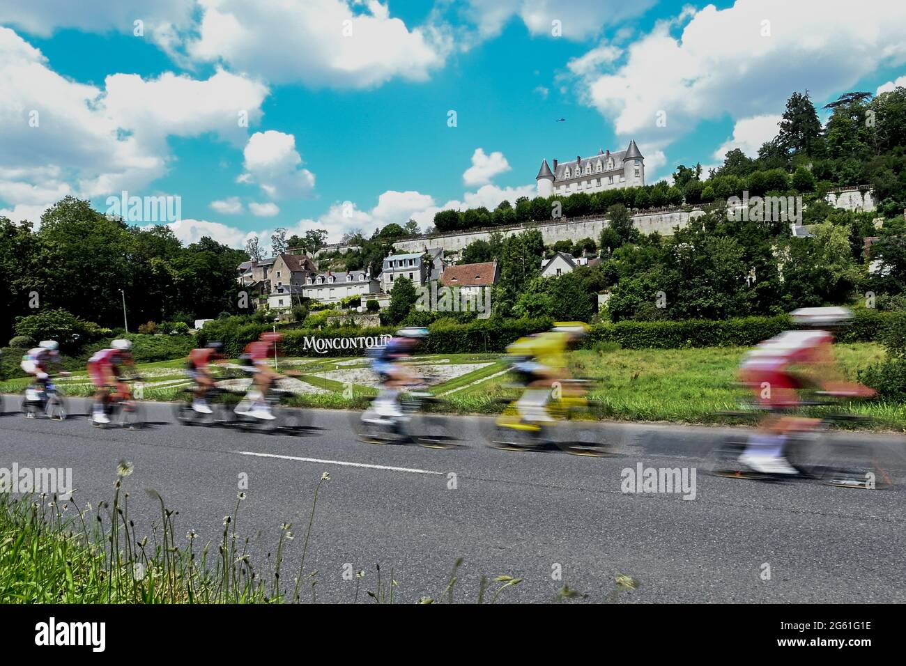 Chateauroux, France. July 1st 2021: Tour de France 2021, Stage , Tours to Chateauroux. The yellow leading jersey rides past Chateau Moncontour outside Tours. Credit: Peter Goding/Alamy Live News Stock Photo