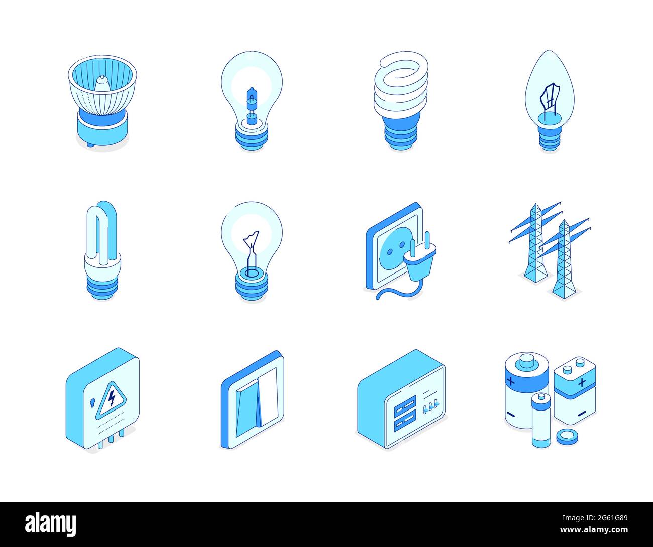Electrical supplies - modern line isometric icons set. Lighting equipment and electricity idea. Halogen, fluorescent, incandescent lamps, led bulb, pl Stock Vector