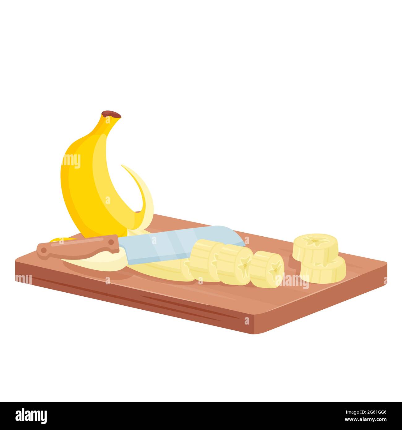 Cut banana, isometric chef knife cutting peeled banana into slices on wooden board Stock Vector