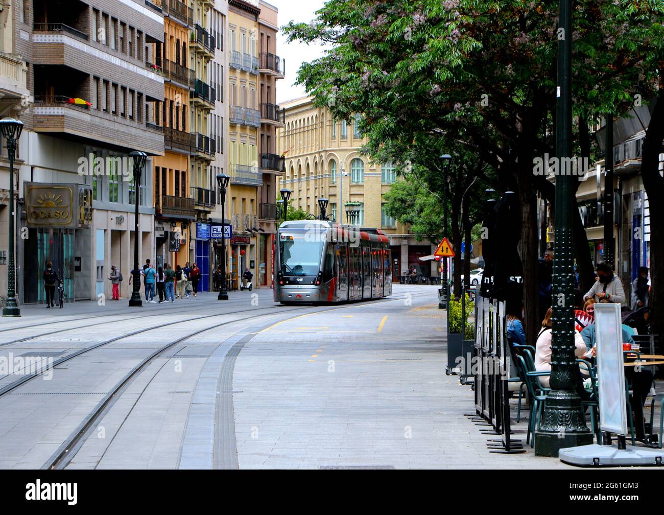 A tram travelling through the city centre of Zaragoza Aragon Spain Stock Photo