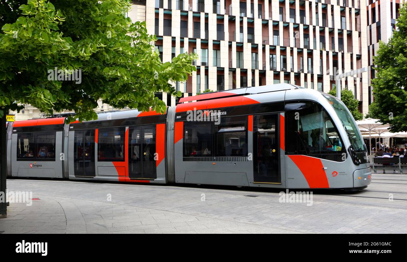 A tram travelling through the city centre of Zaragoza Aragon Spain Stock Photo