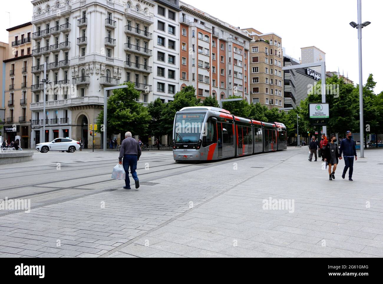 A tram travelling through the city centre of Zaragoza Aragon Spain Stock Photo