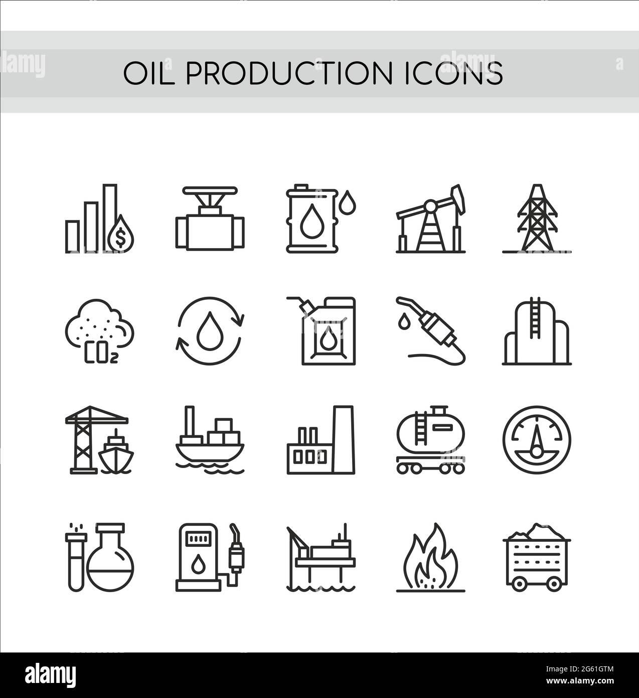 Oil production vector illustration set, flat thin line icons collection of oilfield extraction, transportation, refinery oil plant symbols Stock Vector