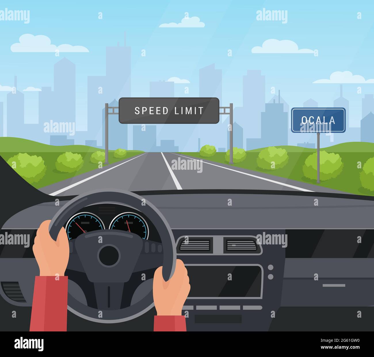 Driving car safety concept vector illustration. Cartoon flat human driver hands drive automobile on asphalt road with speed limit, safe sign on Stock Vector