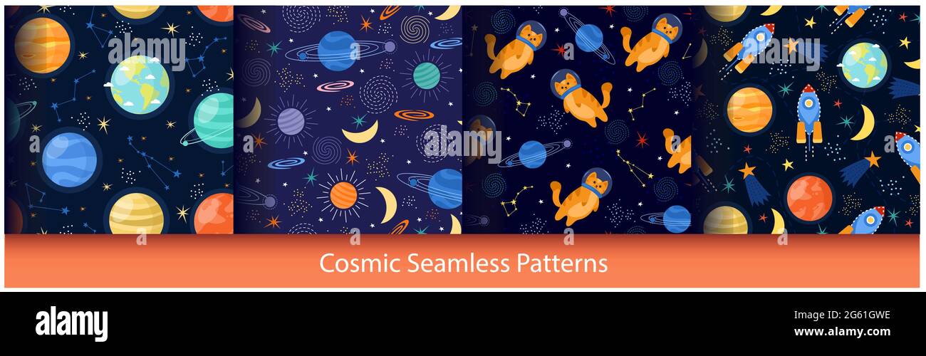 Cute space seamless pattern set, cartoon rocket, cat in astronaut suit, stars planet Stock Vector