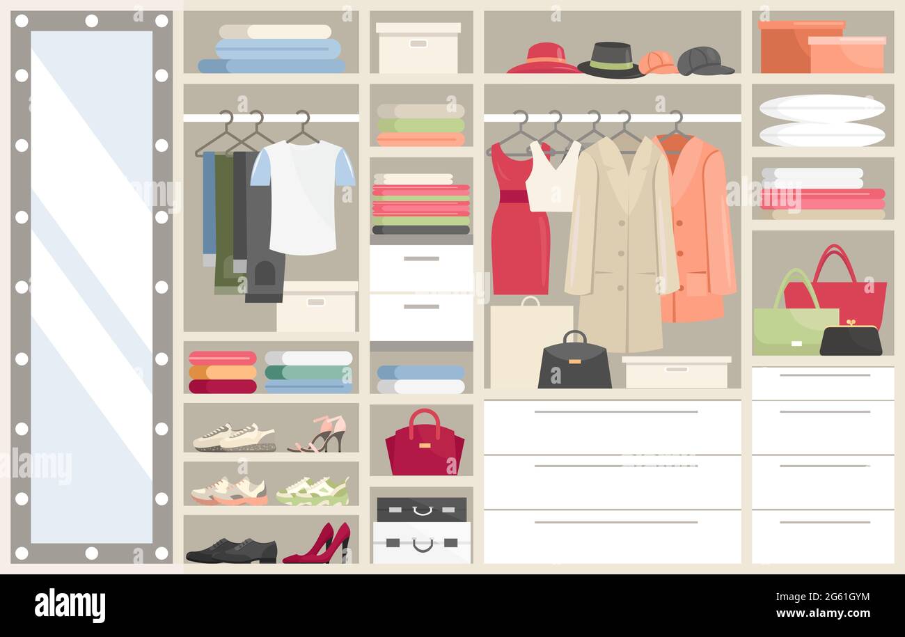 Wardrobe with clothes vector illustration, cartoon flat opened closet compartments with woman man clothing, hangers with costume or dress Stock Vector