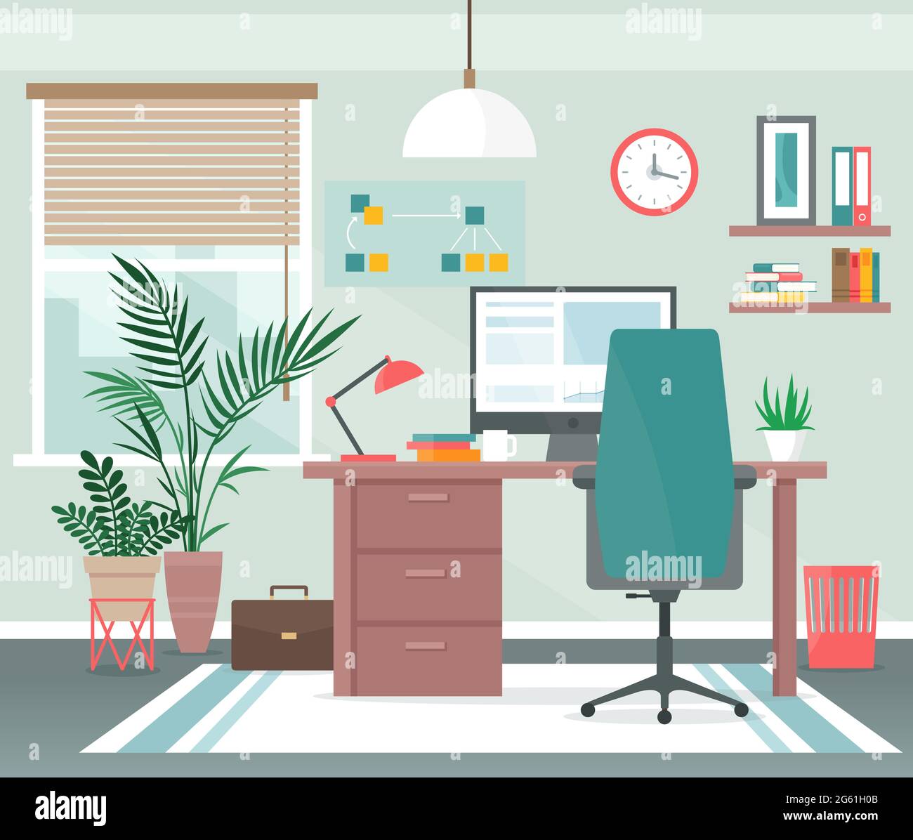 Home office workplace vector illustration, cartoon flat apartment room interior with computer on table for freelance distance work Stock Vector