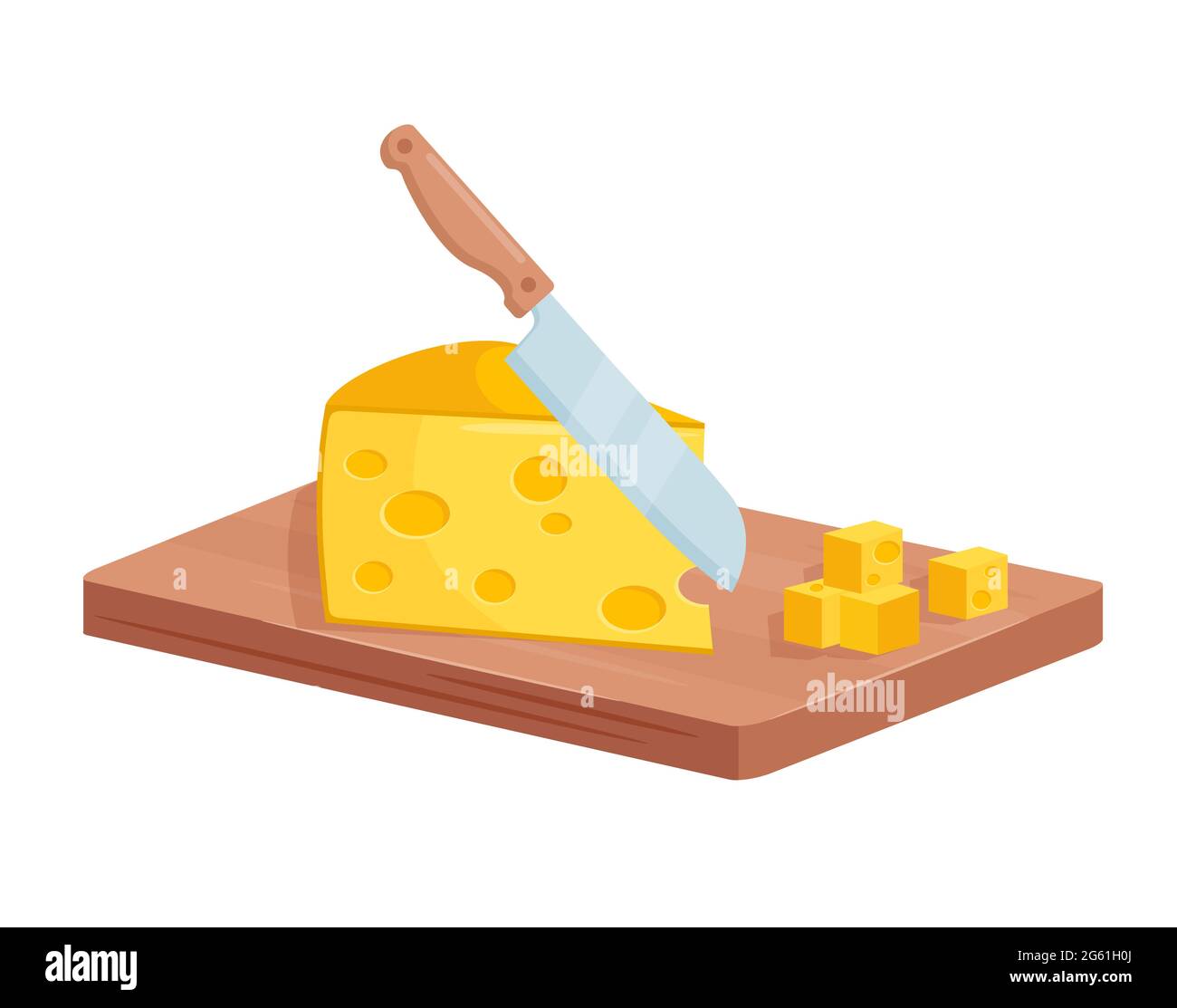 Dice cut cheese isometric diced cheese on wooden board while cooking food process Stock Vector