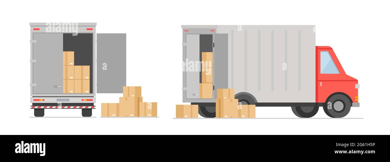 Vector illustration of truck with boxes. Post boxes, moving in new house. Transportation, delivery and logistic concept in flat cartoon style. Stock Vector