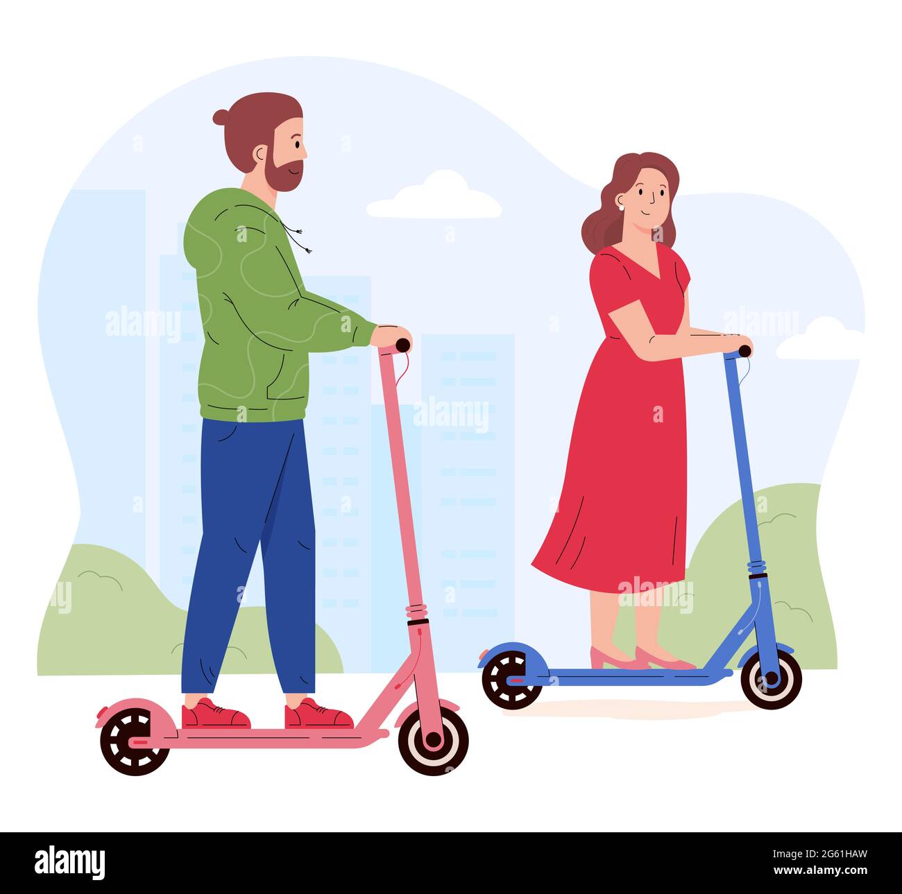 Man and woman riding electric walk scooters. Stock Vector