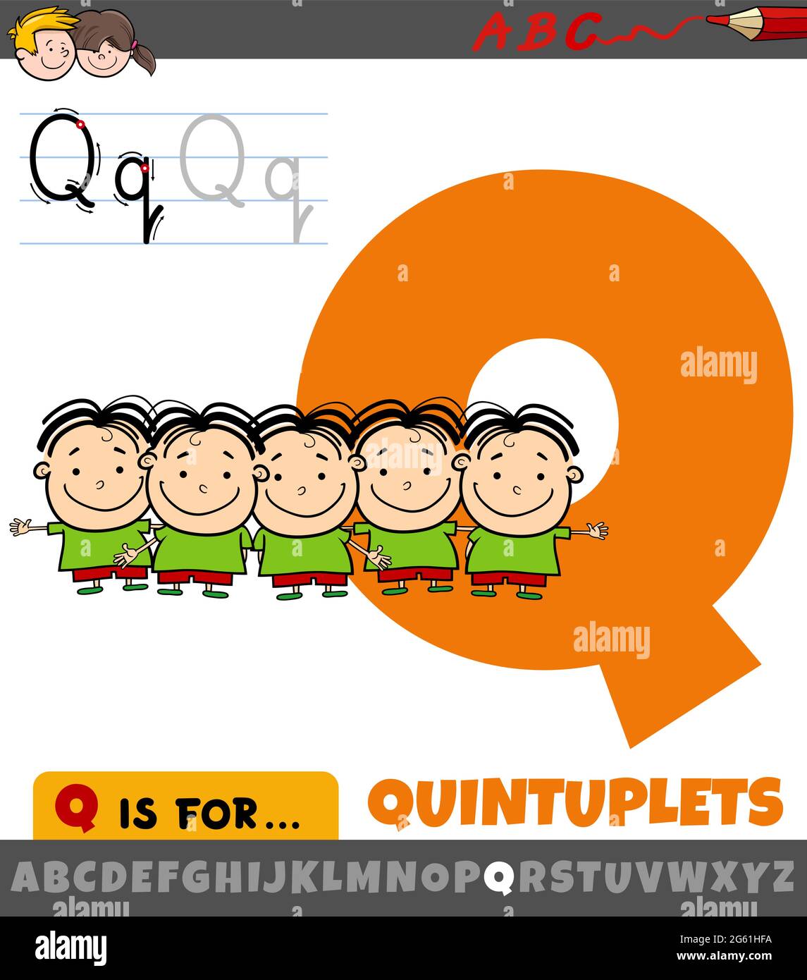 Educational cartoon illustration of letter Q from alphabet with