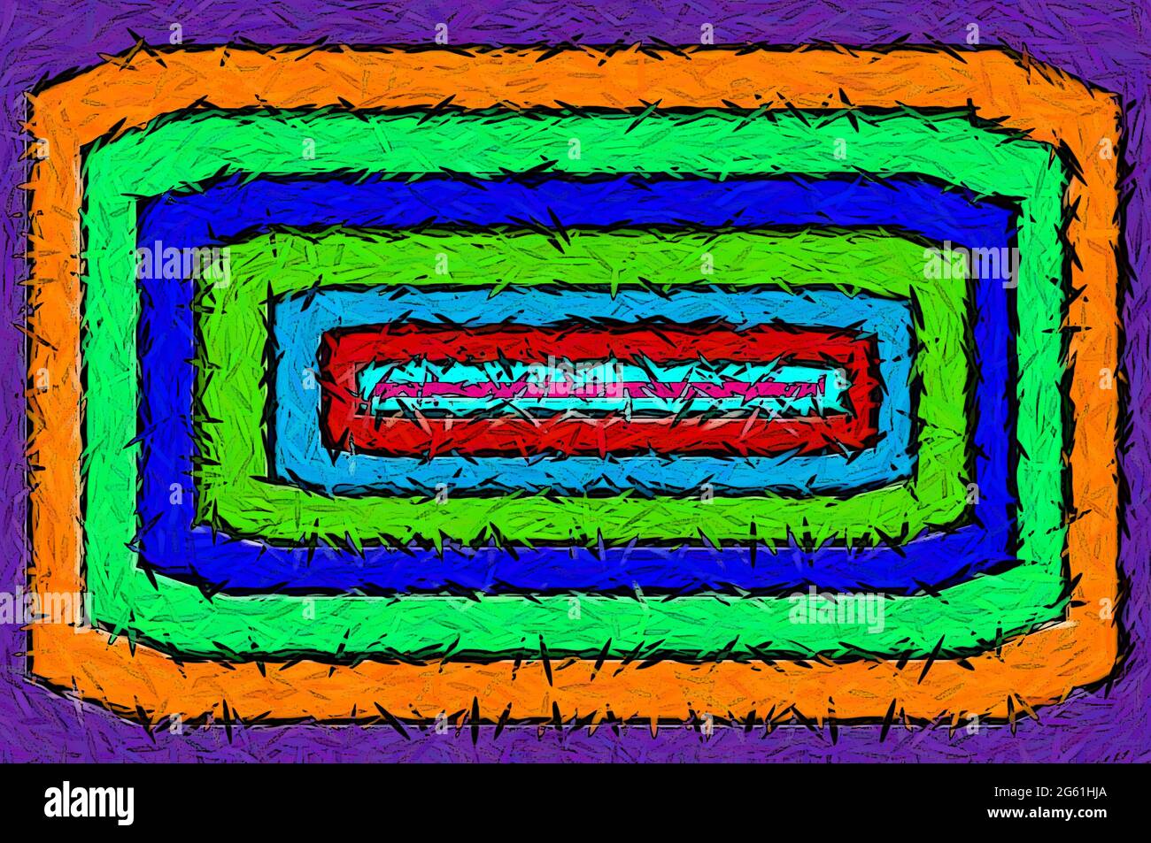 Artistic rendering of a braided rug in rainbow colors. Edges are purple