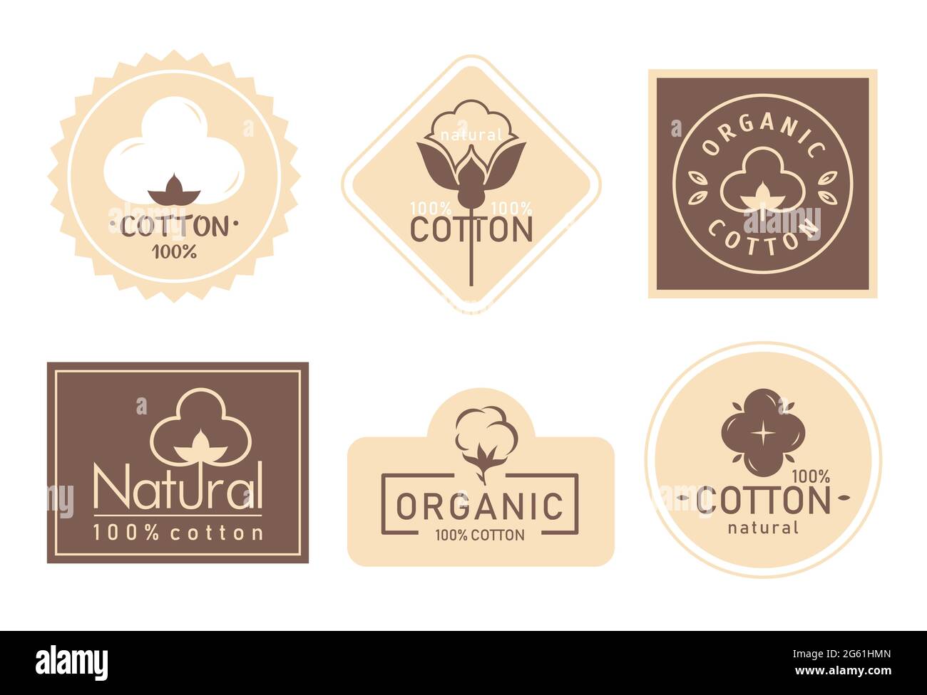 Organic cotton label vector illustration set, mark logo icons collection with cottonseed branch plant symbol emblem, natural bio organic product Stock Vector