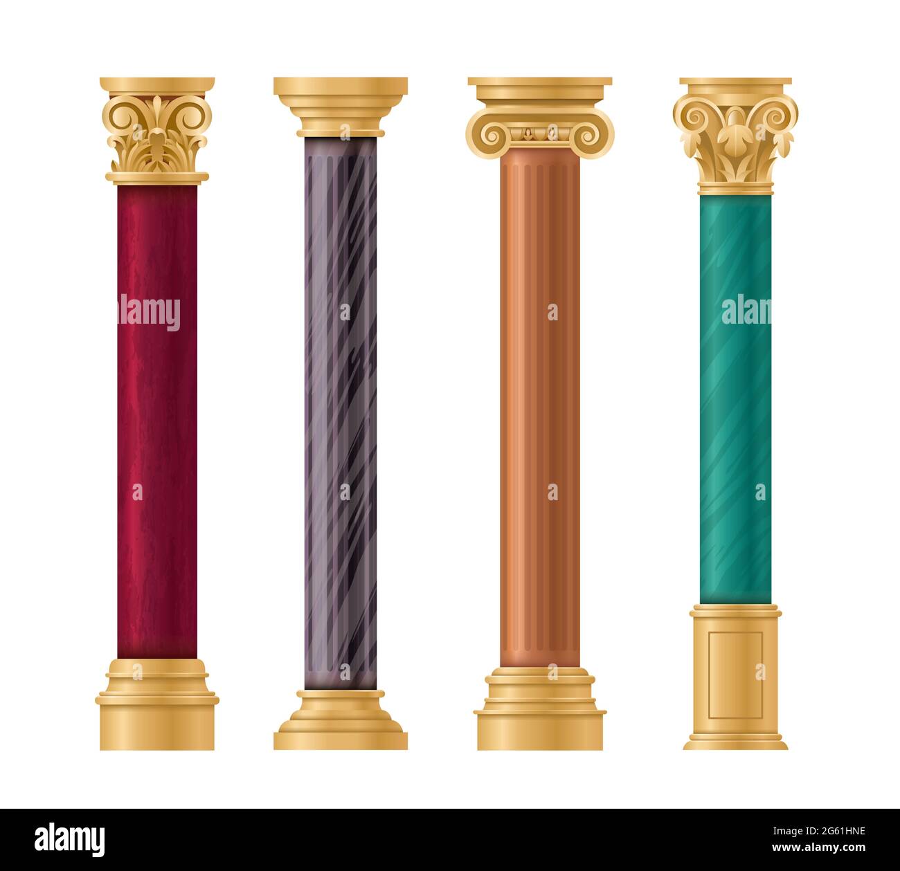 Pillars vector illustration set, cartoon flat classic marble columns with gold pillar decorations, in different styles and colors isolated on white Stock Vector