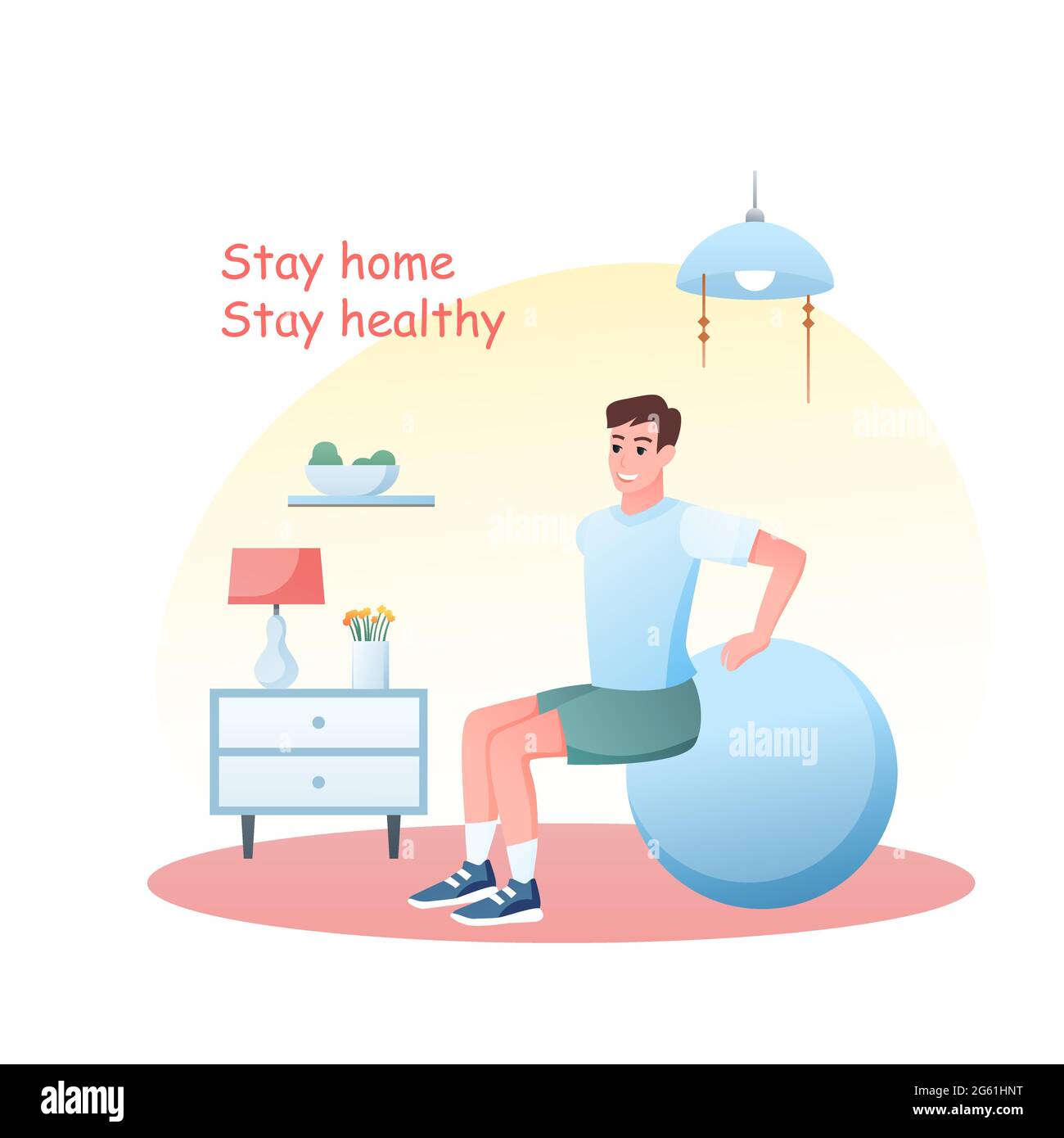 Young man does sport exercises with ball at home. Coronavirus outbreak concept background. Stay at home in quarantine for healthy sport workout vector Stock Vector