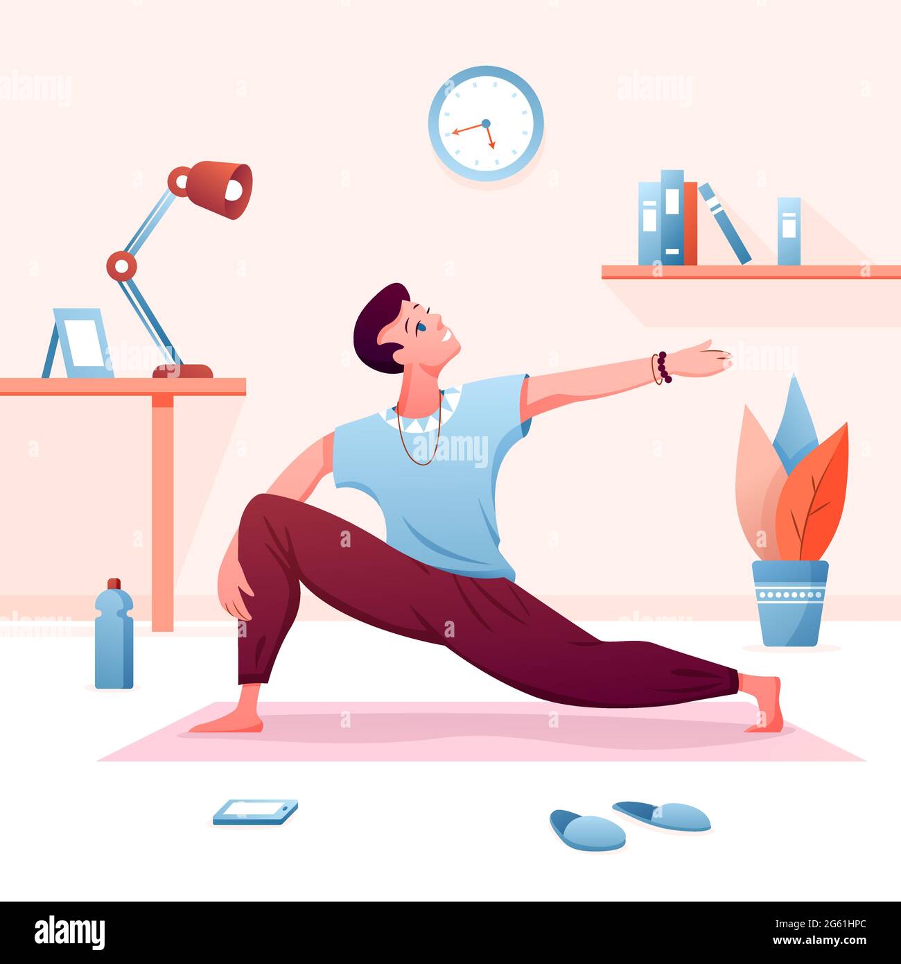 Home yoga flat vector illustration, cartoon young man character practicing calm yogi asana, active practice of healthy lifestyle background Stock Vector