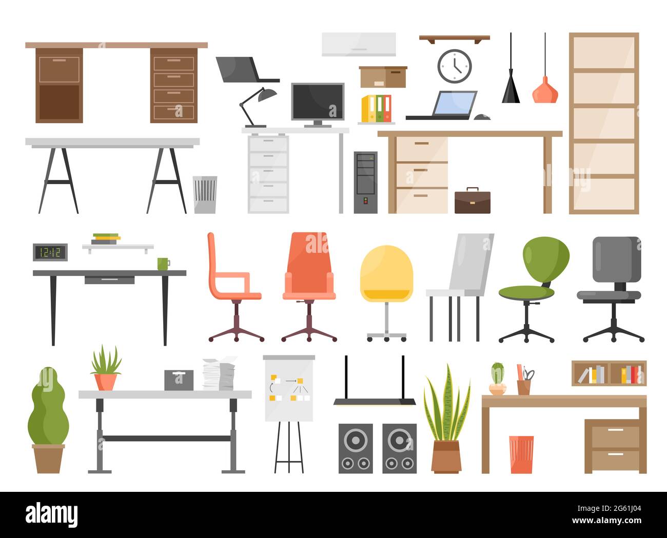 Office furniture vector illustration set isolated on white. Cartoon ergonomic furnishing objects for modern interior design collection with chair and Stock Vector