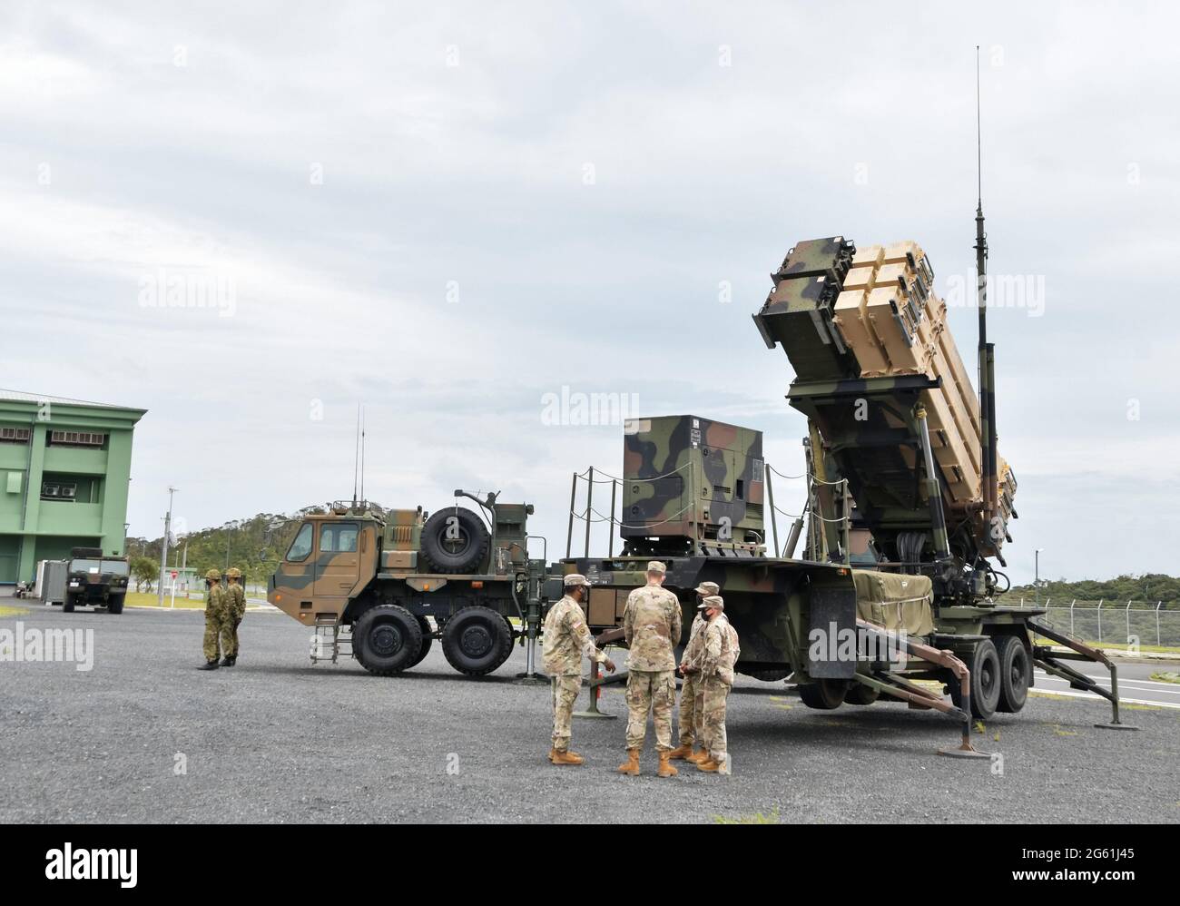 Amami, Japan. 01st July, 2021. The U.S. Army's Patriot Advanced Capability-3 (PAC-3) system is displayed during a joint US-Japan military training exercise titled 'Orient Shield 21' at Camp Amami in Amami Oshima Island, Kagoshima-Prefecture, Japan on Thursday, July 1, 2021. This is the first time the PAC-3 missile system has been deployed on Amami Oshima. Photo by Keizo Mori/UPI Credit: UPI/Alamy Live News Stock Photo