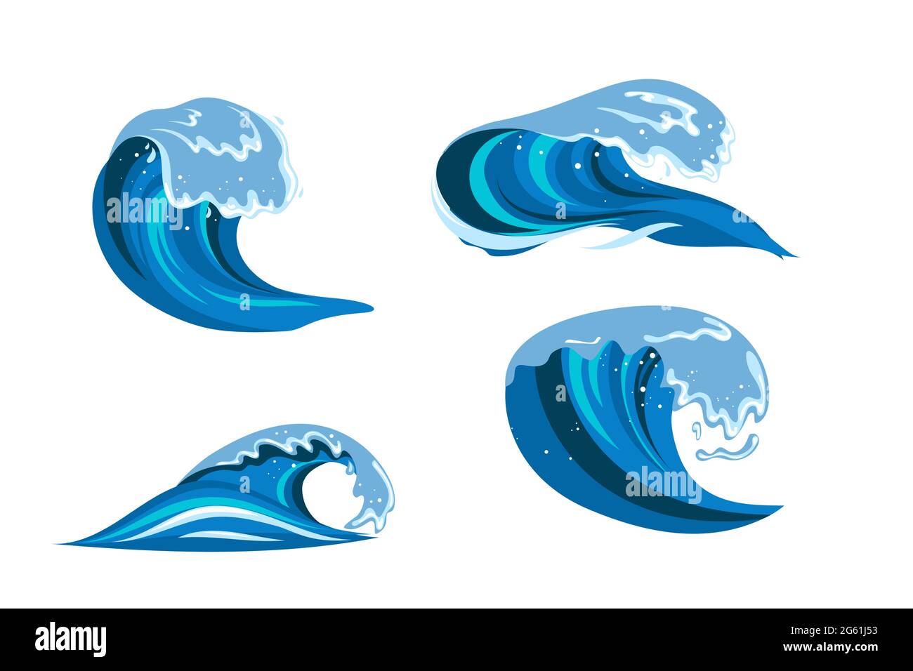 Tsumani waves set in flat cartoon style. Big blue tropical water splashes with white foam. Vector illustration isolated in white background Stock Vector