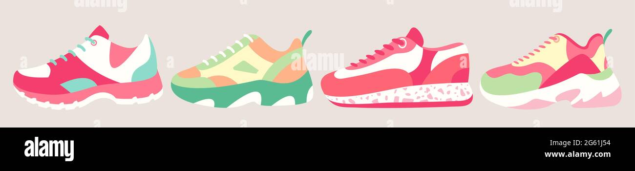 Snickers shoes vector illustration, cartoon flat fitness sneakers shoes for sport training in gym or running, casual footwear shoe for man and woman Stock Vector