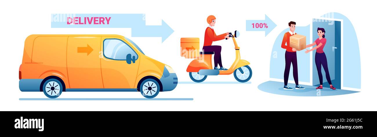 Online delivery service, delivering box by track or scooter Stock Vector