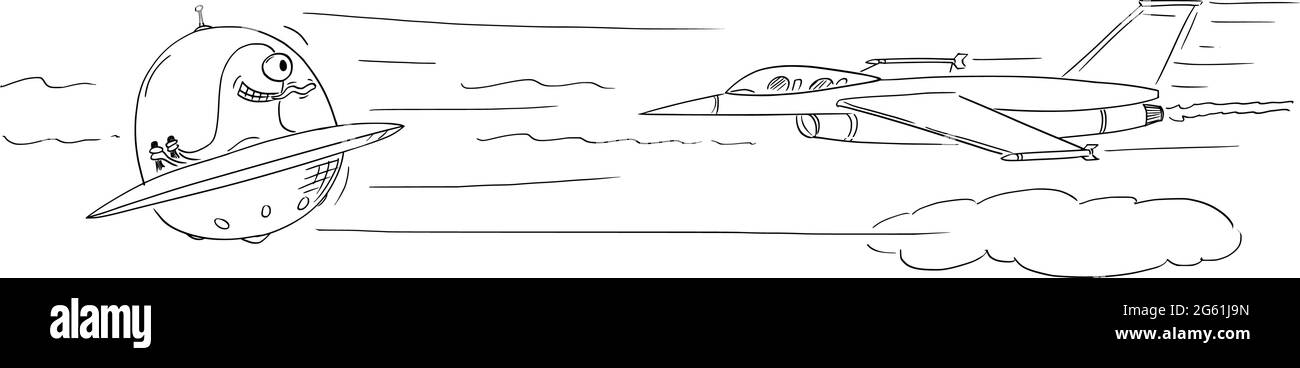 Military Fighter Aircraft Chasing Alien UFO, Vector Cartoon Illustration Stock Vector
