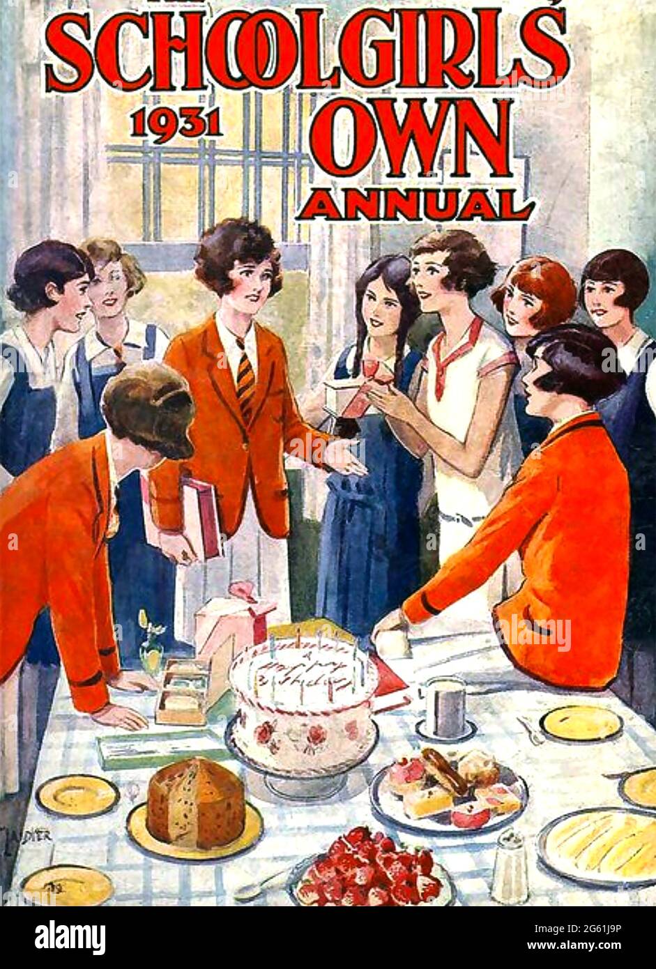 SCHOOLGIRLS' OWN ANNUAL 1931. Schoolgirls' Own was an English weekly story paper published by Amalgamated Press between 1921 and 1936. The cover illustrates some of the pupils at the high-class Morcove girls' boarding school with their cookery which was an important theme  in the stories. Stock Photo