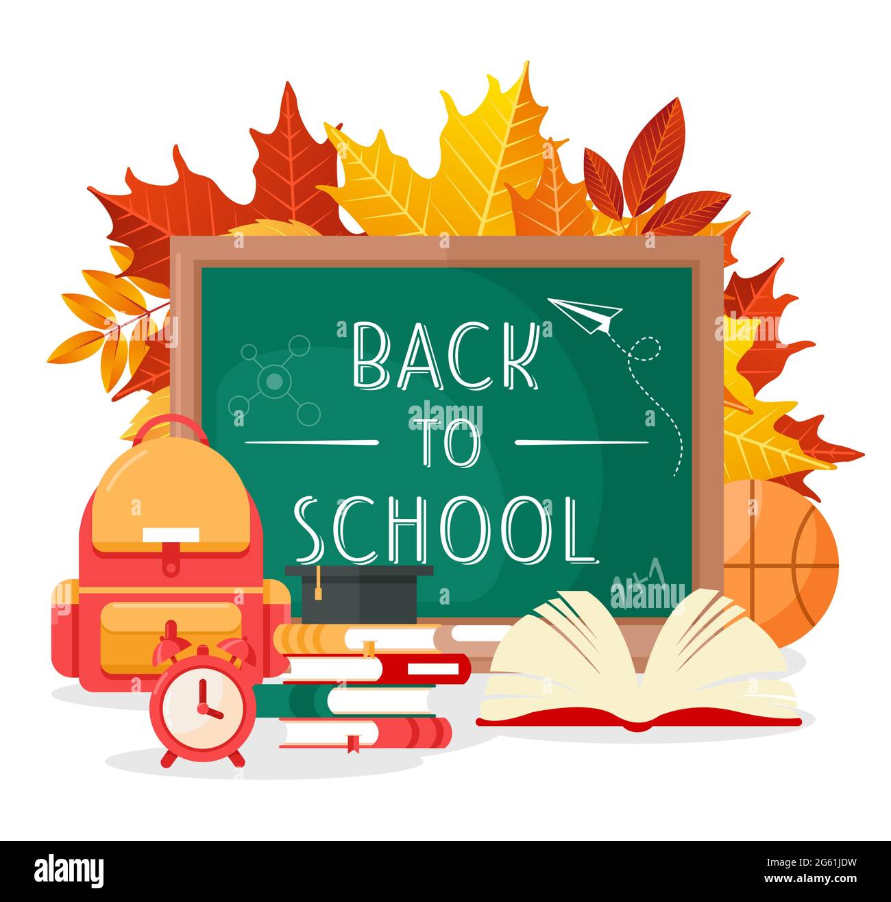 Back to school lettering by chalkboard vector illustration, cartoon flat green schoolboard with school supplies or tools, autumn leaves, backpack Stock Vector