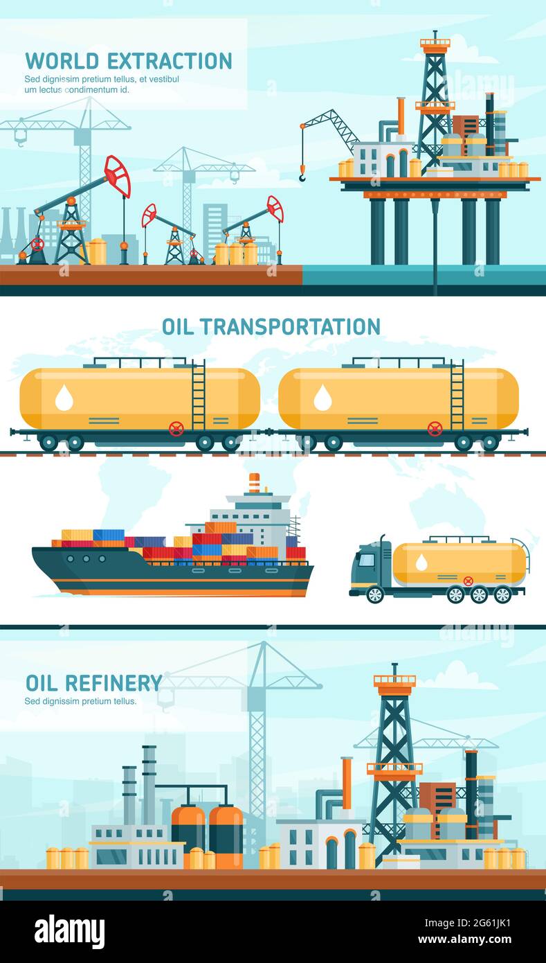 Oil gas industry technology flat vector illustrations, cartoon infographic presentation with extraction, transportation, refinery plants Stock Vector