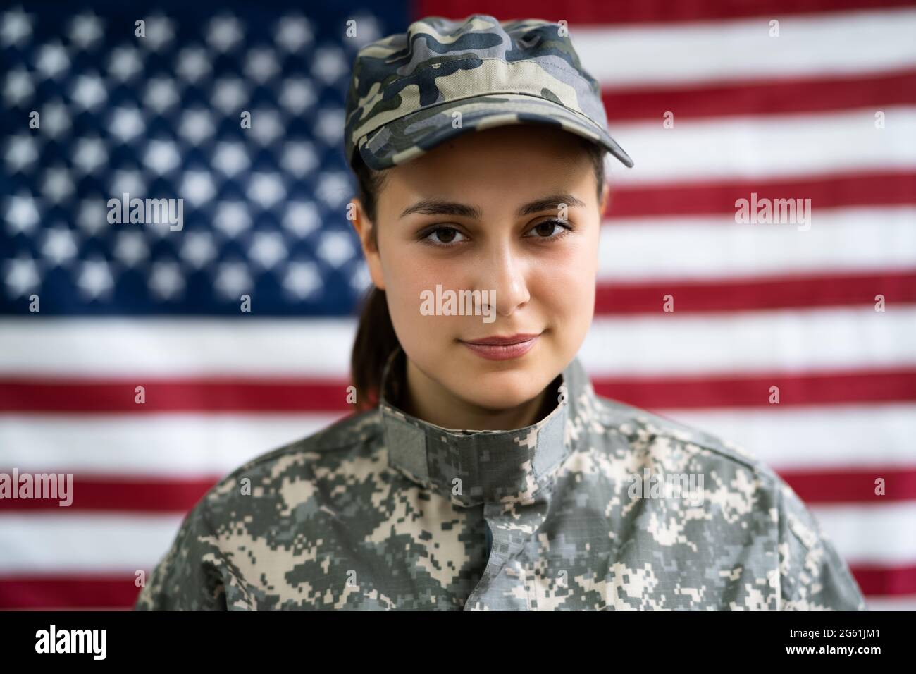 US Army Military Soldier Veteran Portrait With Flag Stock Photo