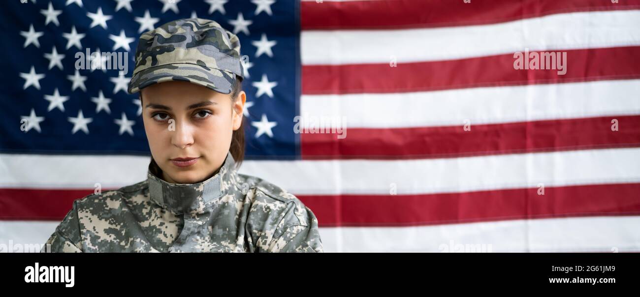 US Army Military Soldier Veteran Portrait With Flag Stock Photo